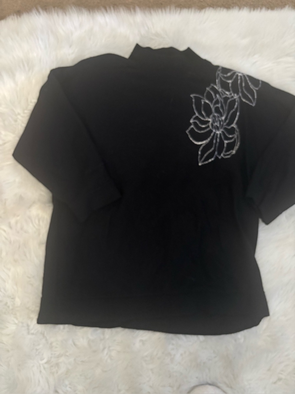Chico's Black Short Sleeve Top with Silver Floral Appliqué